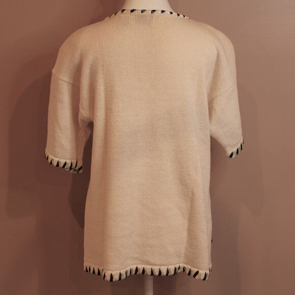 Cotton Knit Short Sleeve Scoop Neck Top Ribbon & Pearl Floral Embroidered sz M - Picture 5 of 11